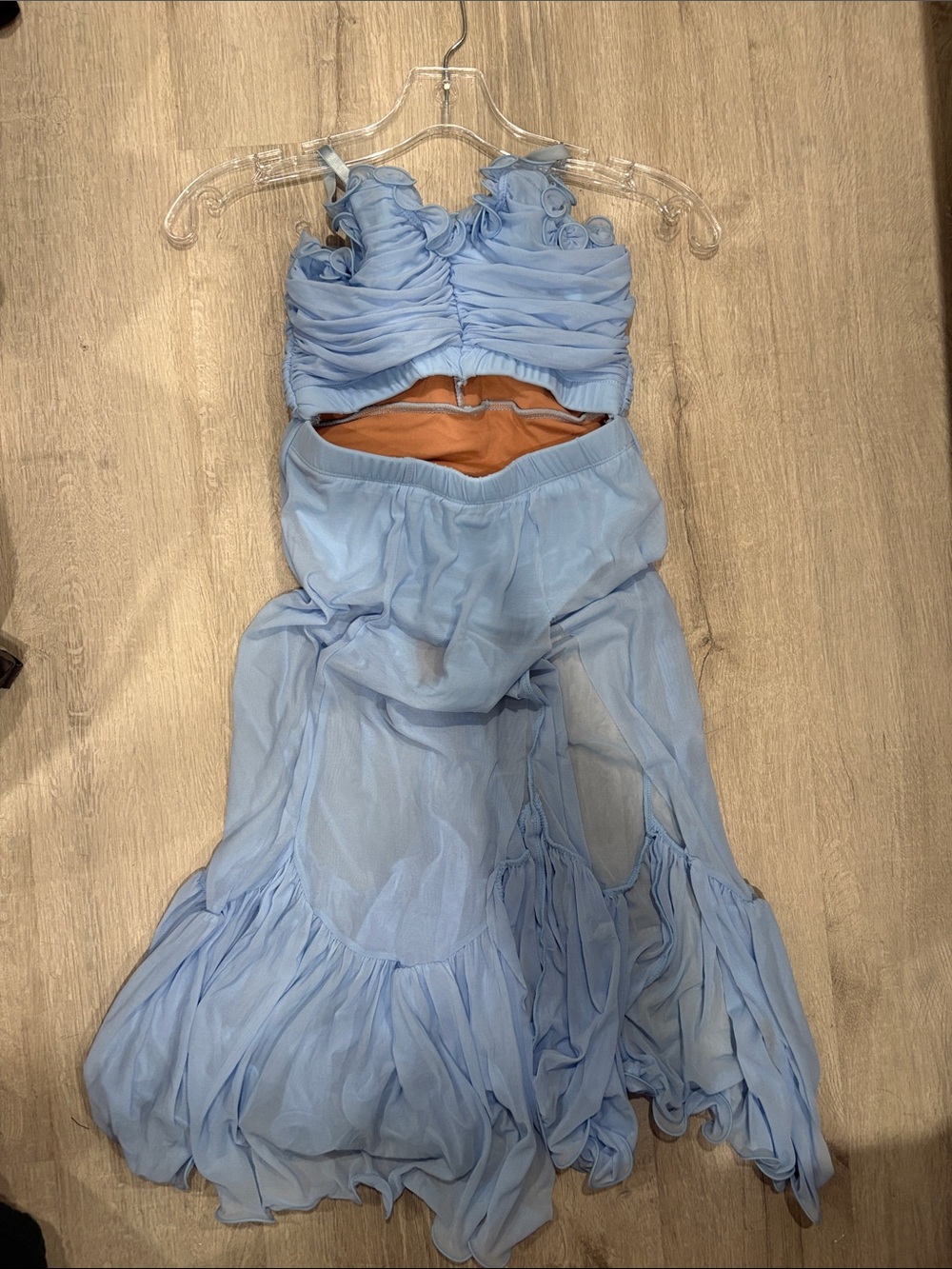 Dance Costume Blue Ruched Floral-Trim Dress.